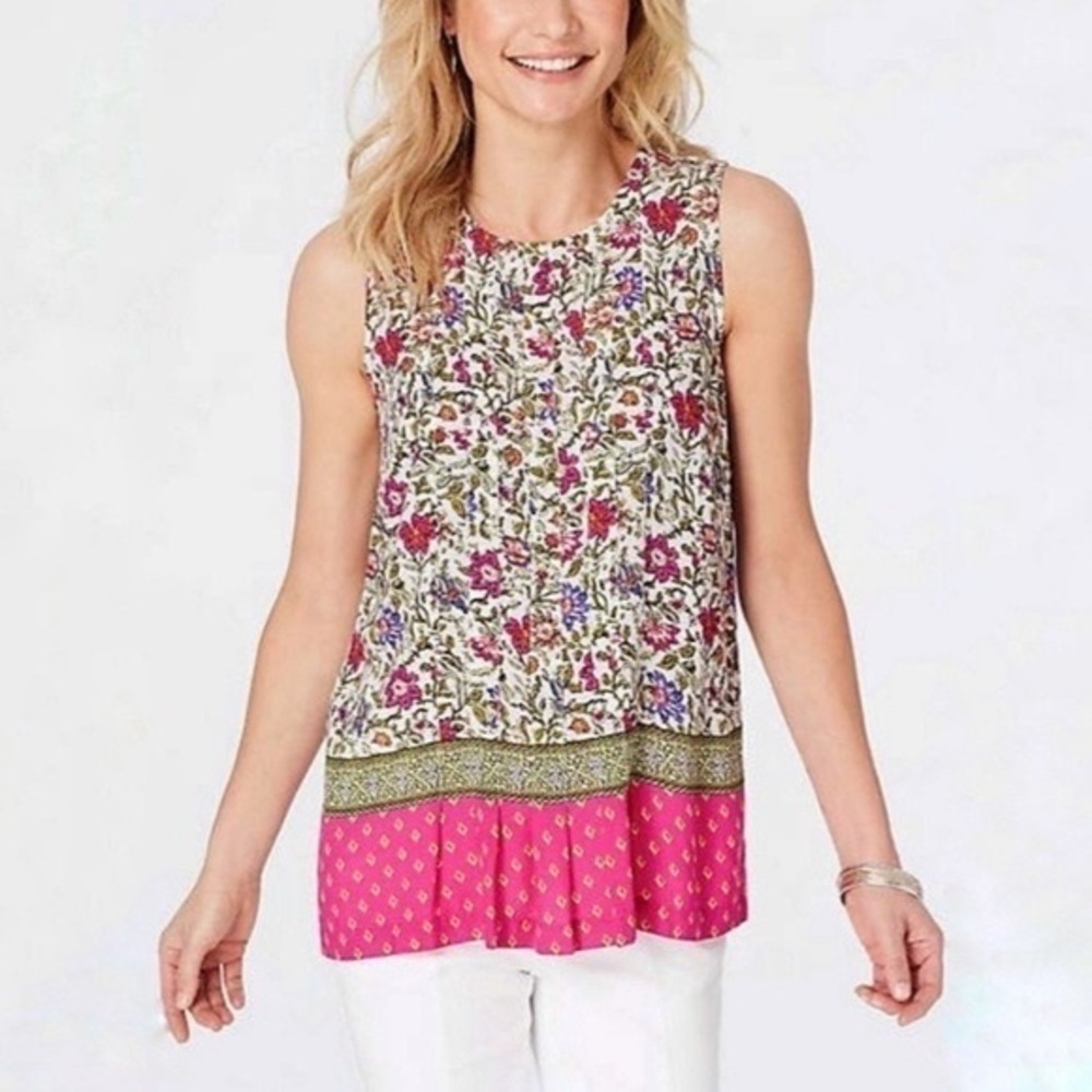J. Jill Sleeveless Floral Pleated Tunic Blouse Top Size M
